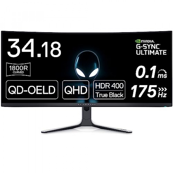 Alienware AW3423DW Monitor curvo para juegos Pantalla Quantom Dot-OLED 1800R de 34,18 pulgadas, 3440x1440 píxeles a 175 Hz, 0,1 ms real de gris a gris, relación de contraste 1M:1, 1,07 mil millones de colores - Luz lunar