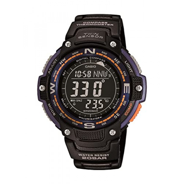 Serie Casio SGW100 | Reloj digital y brújula | Azul | 200M WR | Cronómetro de 100 segundos | Sensor doble para dirección y temperatura | Resistente a bajas temperaturas | Hora mundial | Calendario automático | Alarma múltiple