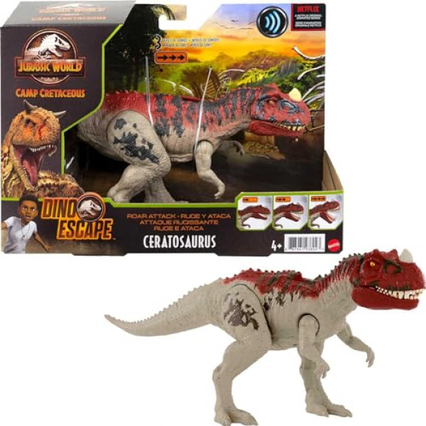 Mattel Jurassic World Camp Cretácico Roar Attack Ceratosaurus Dinosaurio Figura de acción Juguete con función de ataque y sonidos