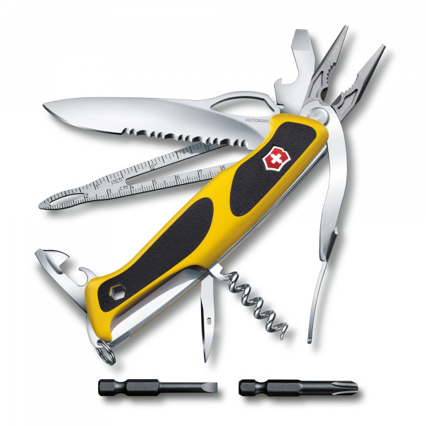 Navaja suiza Victorinox Ranger Boatsman MW Grip, navaja de bolsillo de 22 funciones fabricada en Suiza con abridor de grillete y funda de nailon, amarillo/negro