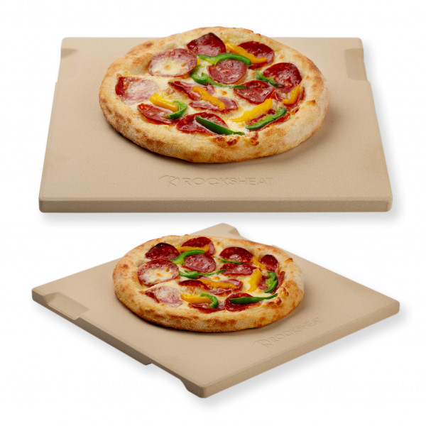 ROCKSHEAT Piedra para hornear y asar pizza, perfecta para horno, barbacoa y parrilla. Innovador diseño de doble cara integrado con 4 asas (rectangular de 12 x 12 x 0,6)