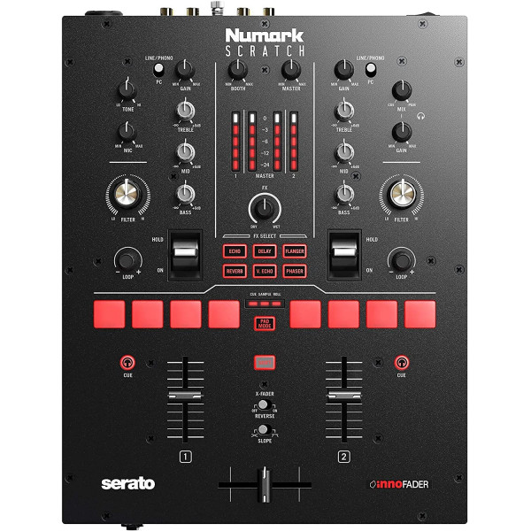 Numark Scratch | Mezclador DJ Scratch de dos canales para Serato DJ Pro (incluido) con Innofader Crossfader, licencia DVS, 6 selectores de efectos de acceso directo, Performance Pads y calidad de sonido de 24 bits