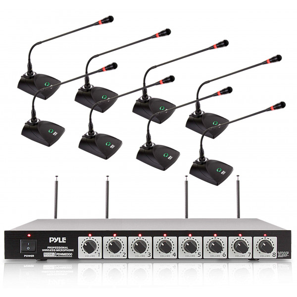 Pyle Sistema de micrófono inalámbrico de 8 canales - Juego de micrófono de audio inalámbrico VHF portátil con salida de 1/4 y XLR, antena dual - Incluye 8 micrófonos de mesa, base receptora montable en rack - Pyle PDWM8300, negro