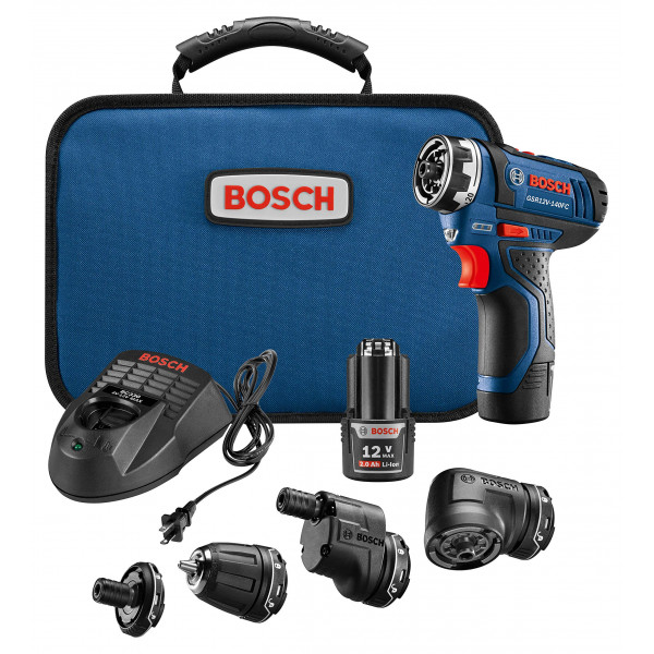 Bosch GSR12V-140FCB22 Kit de destornillador eléctrico inalámbrico de 12 V - Juego de taladro eléctrico multicabezal 5 en 1