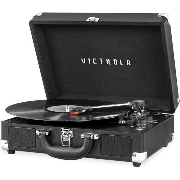 Victrola Vintage Tocadiscos portátil Bluetooth de 3 velocidades con altavoces incorporados | Sonido de audio de tocadiscos mejorado | Negro, número de modelo: VSC-550BT-BK