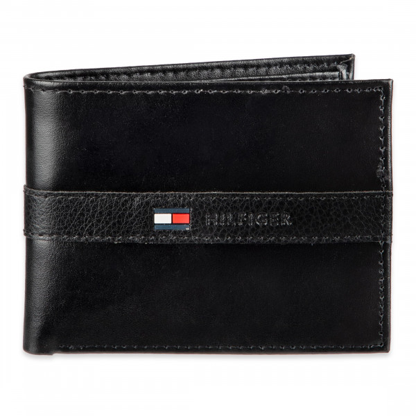 Tommy Hilfiger Cartera de cuero para hombre - Cartera plegable delgada, elegante e informal con 6 bolsillos para tarjetas de crédito y ventana de identificación extraíble, color negro