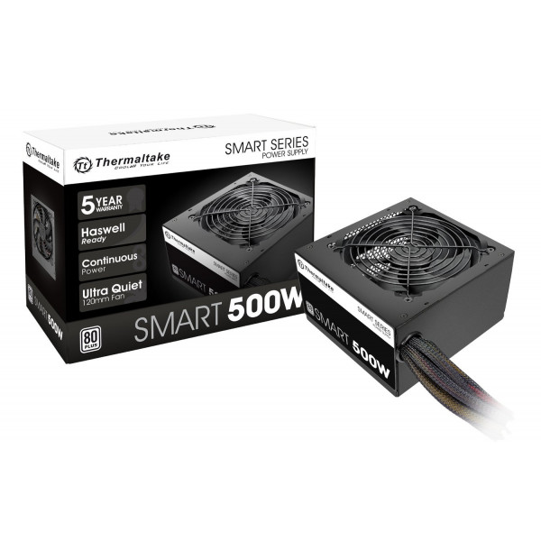 Fuente de alimentación certificada Thermaltake Smart 500W 80+ blanca, potencia continua con ventilador de refrigeración ultra silencioso de 120 mm, fuente de alimentación ATX 12V V2.3/EPS 12V PFC activo PS-SPD-0500NPCWUS-W