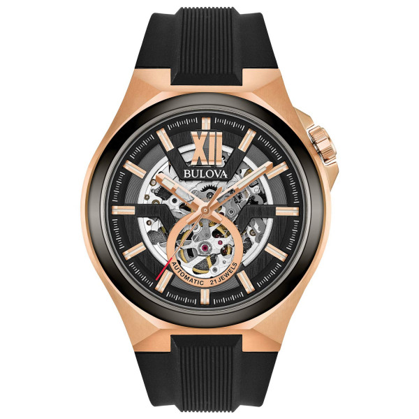 Bulova Reloj automático clásico de acero inoxidable con 3 manecillas Maquina de oro rosa para hombre con correa de silicona negra, esfera esqueleto Estilo: 98A177