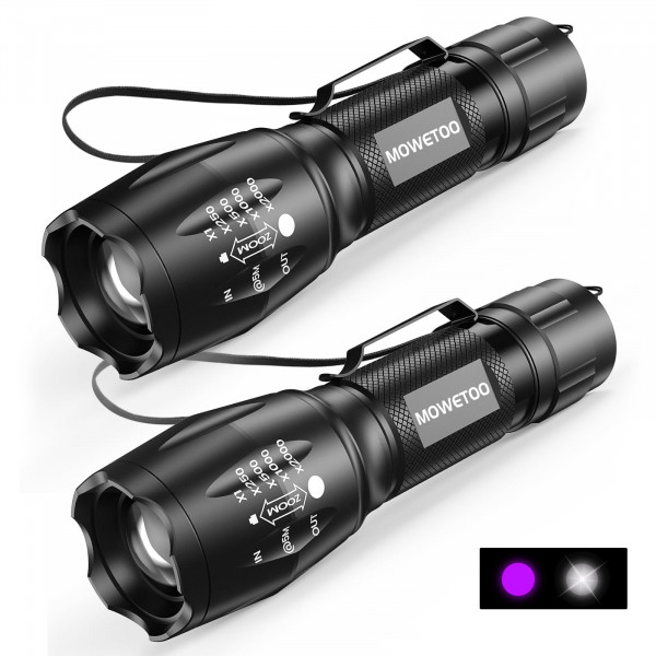 MOWETOO Linterna UV, Linterna de luz negra portátil, Linterna LED con combinación de luz blanca y ultravioleta, Detector de orina de mascotas con luz negra para orina de perro gato, verificación de identificación, fuga de CA, chinches, rocas, resina