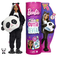 Muñeca Barbie Cutie Reveal, disfraz de panda de peluche, 10 sorpresas, incluida una mini mascota y cambio de color