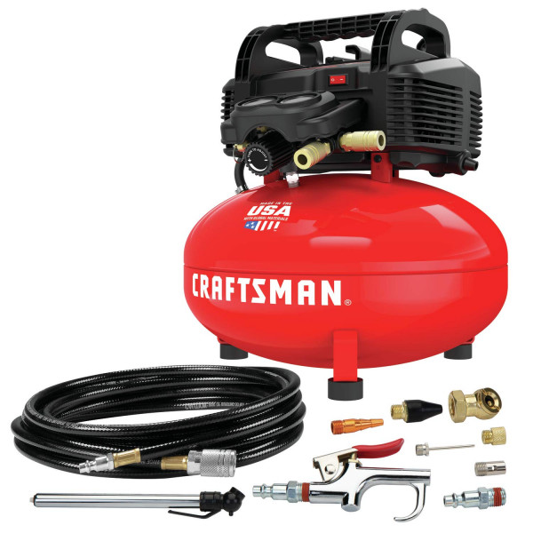 Compresor de aire CRAFTSMAN, 6 galones, tipo panqueque, sin aceite con kit de accesorios de 13 piezas (CMEC6150K)