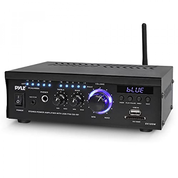 Pyle Amplificador de altavoz para computadora Bluetooth - Amplificador de potencia estéreo para el hogar de 2 x 120 vatios Sistema receptor de audio para el hogar con pantalla LED azul, USB/SD, AUX, RCA, conector para auriculares - Control remoto - PCAU46