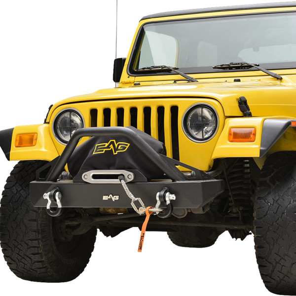 EAG Parachoques delantero rechoncho con placa de cabrestante de acero negro texturizado para Wrangler TJ YJ 87-06