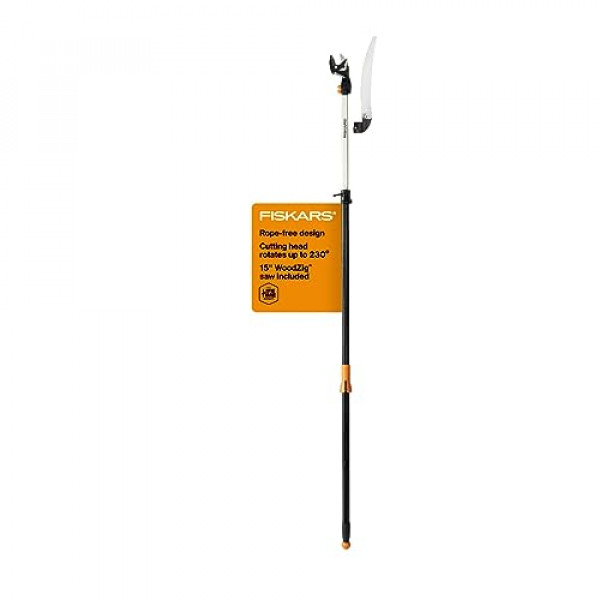 Fiskars Podadora de árboles extensible 2 en 1 y sierra de poste (se extiende de 7,9 a 12 pies) con cabezal giratorio, modelo Stik de poda con hoja de sierra de doble afilado de 15 pulgadas y sistema de doble bloqueo