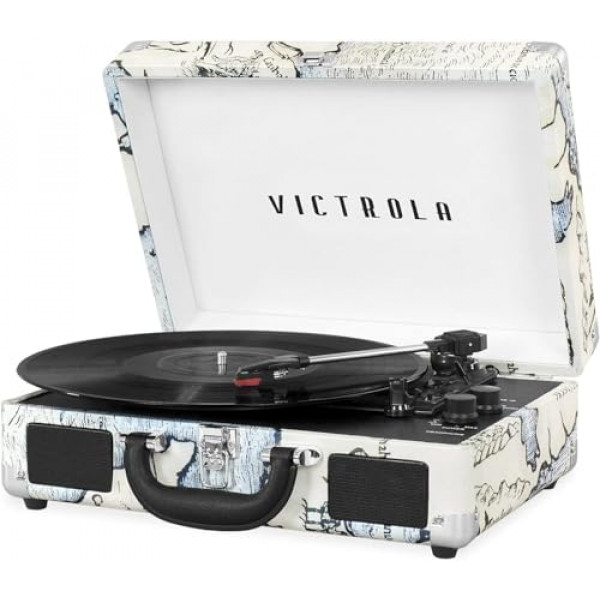 Victrola Vintage Tocadiscos portátil Bluetooth de 3 velocidades con altavoces incorporados | Sonido de audio de tocadiscos mejorado | Mapa retro, número de modelo: VSC-550BT-P4