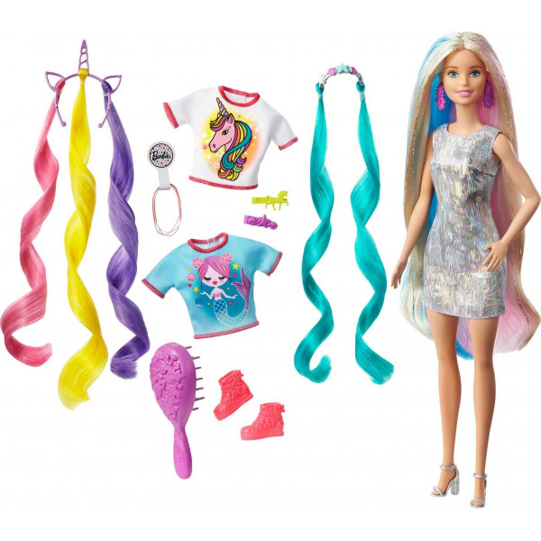 Barbie Fantasy Hair Doll y accesorios, cabello rubio largo y colorido con ropa inspirada en sirena y unicornio