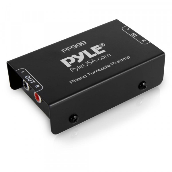 Preamplificador de tocadiscos Pyle Phono - Mini preamplificador de fonógrafo estéreo de audio electrónico con entrada RCA, salida RCA y funcionamiento de bajo ruido alimentado por adaptador de 12 voltios CC - PP999, negro