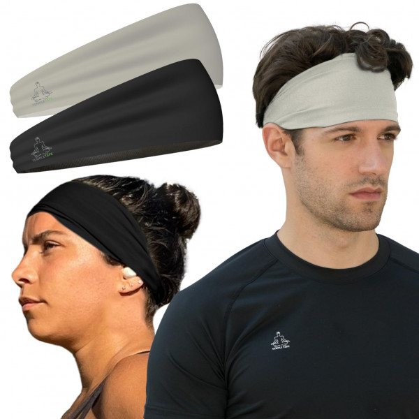 Temple Tape, Value 2-Pack, Diadema para hombre - Diademas deportivas para chicos Bandas para el sudor de entrenamiento que absorben la humedad para correr, entrenamiento cruzado, esquí y casco de bicicleta - 1 banda para el sudor negra y 1 gris