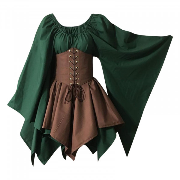 Vestido irlandés para mujer, disfraz medieval renacentista, vestido gótico de talla grande, mangas de trompeta vintage, vestidos de corsé, fiesta de Halloween, disfraces de Halloween de anime, verde oscuro L