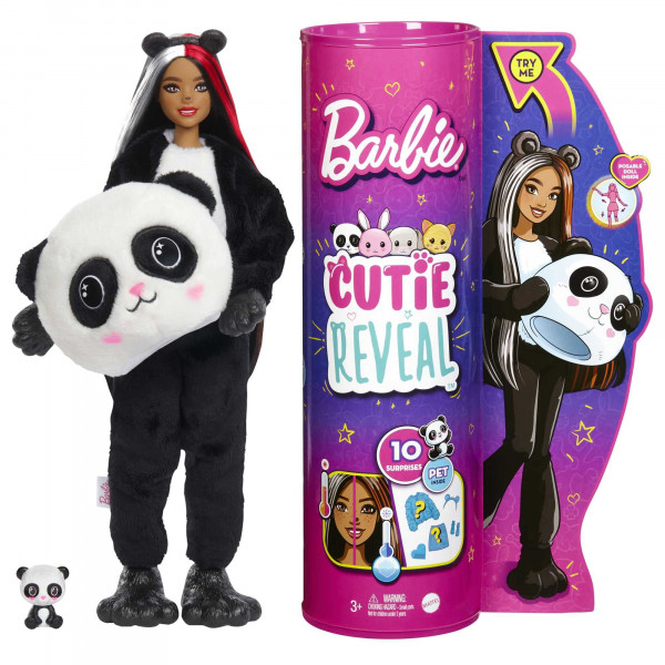 Muñeca Barbie Cutie Reveal, disfraz de panda de peluche, 10 sorpresas, incluida una mini mascota y cambio de color