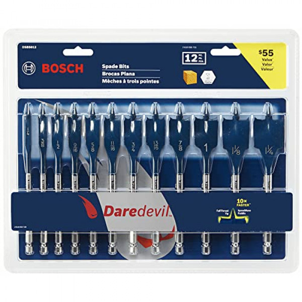 BOSCH DSB5012 Juego surtido de 12 piezas de puntas de pala Daredevil, vástago hexagonal de 1/4 pulg. Ideal para aplicaciones de perforación rápida en madera