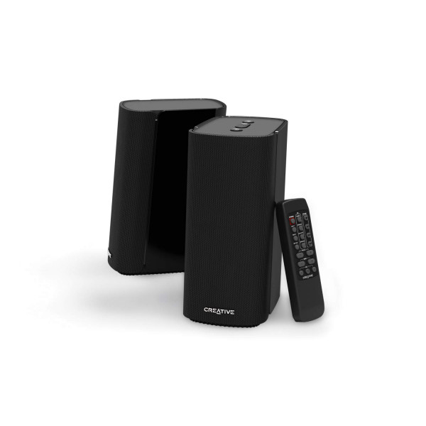 Altavoces Hi-Fi compactos Creative T100 2.0, hasta 80 W de potencia máxima con Bluetooth 5.0, entrada óptica, entrada auxiliar, amplio escenario sonoro y claridad de audio con control de graves para ordenadores y portátiles (negro)