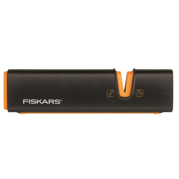 Fiskars XSharp Afilador de hachas y cuchillos, Piedra de afilar de cerámica/Estuche de plástico reforzado con fibra de vidrio, Negro/Naranja, 1000601