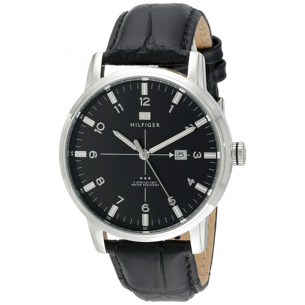 Tommy Hilfiger 1710330 Reloj deportivo casual de 3 manecillas con correa de cuero de cocodrilo negro y caja de acero inoxidable para hombre