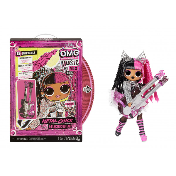 LOL Surprise OMG Remix Rock Metal Chick Muñeca de moda con 15 sorpresas que incluyen guitarra eléctrica, atuendo, zapatos, soporte, revista de letras y tocadiscos, juguetes de regalo para niñas y niños de 4, 5, 6 y 7 años en adelante