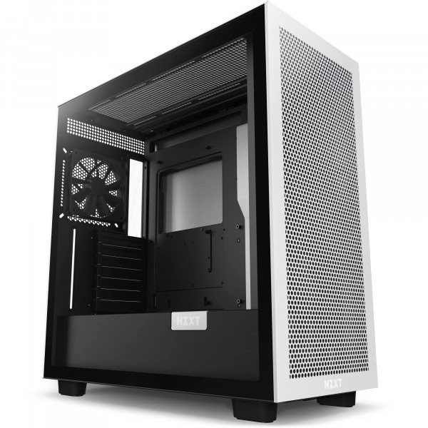 NZXT H7 Flow - CM-H71FG-01 - Caja para juegos de PC ATX Mid Tower - Puerto USB tipo C de E/S frontal - Panel lateral de vidrio templado de liberación rápida - Blanco/Negro