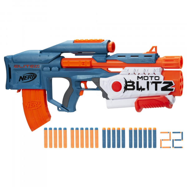 Nerf Elite 2.0 Motoblitz Blaster con alcance, voladura motorizada de 10 dardos, Airblitz 6 dardos, juguetes al aire libre para niños y niñas de 8 años