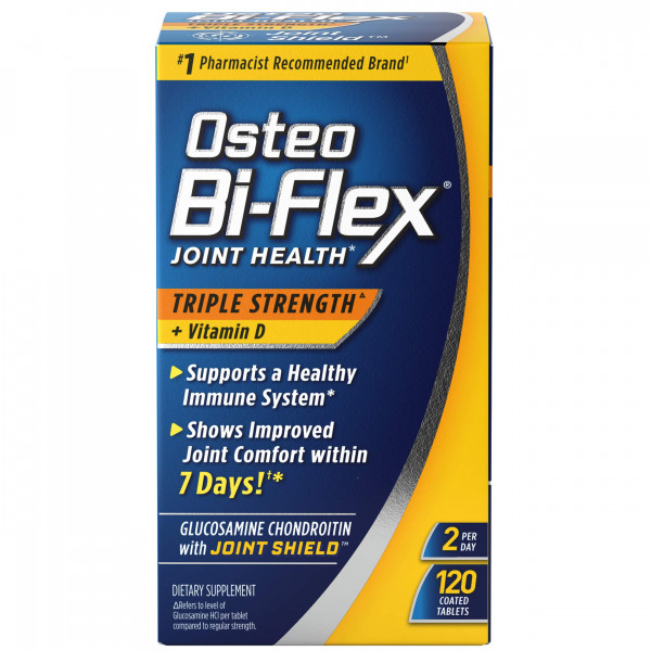 Osteo Bi-Flex Triple Fuerza con Vitamina D Glucosamina Condroitina Suplemento para la salud de las articulaciones, tabletas recubiertas, rojo, 120 unidades