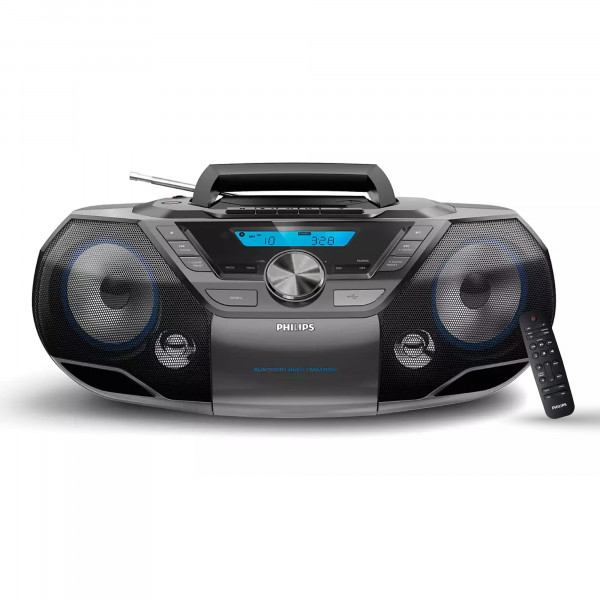 Philips Reproductor de CD portátil Bluetooth con casete Potente Boombox estéreo todo en uno para el hogar con mega parlantes Bass Reflex, entrada de radio/USB/MP3/AUX con pantalla LCD retroiluminada