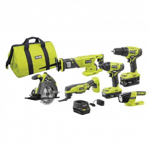 Kit combinado de iones de litio RYOBI P1819 One+ de 18 V (6 herramientas: taladro/destornillador, destornillador de impacto, sierra alternativa, sierra circular, multiherramienta, luz de trabajo LED, batería de 4,0 Ah y 1,5 Ah, cargador, bolsa)