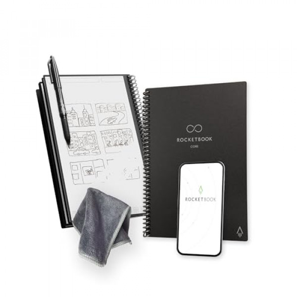 Rocketbook Core Cuaderno inteligente reutilizable, tamaño ejecutivo 6 x 8,8, negro, páginas punteadas, cubierta duradera, borrable y conectada a aplicaciones, ideal para la escuela, el trabajo y proyectos creativos