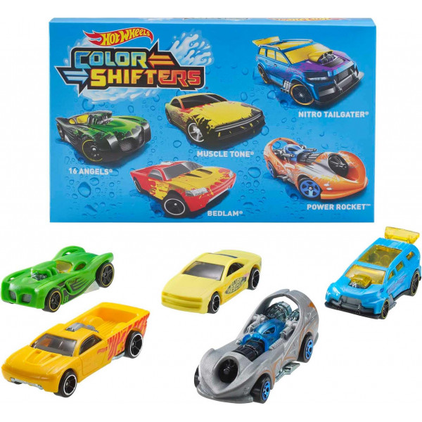 Hot Wheels Color Shifters Toy Cars, paquete de 5, juego de 5 vehículos a escala 1:64 que cambian de color en agua fría o tibia (los estilos pueden variar) (exclusivo de Amazon)