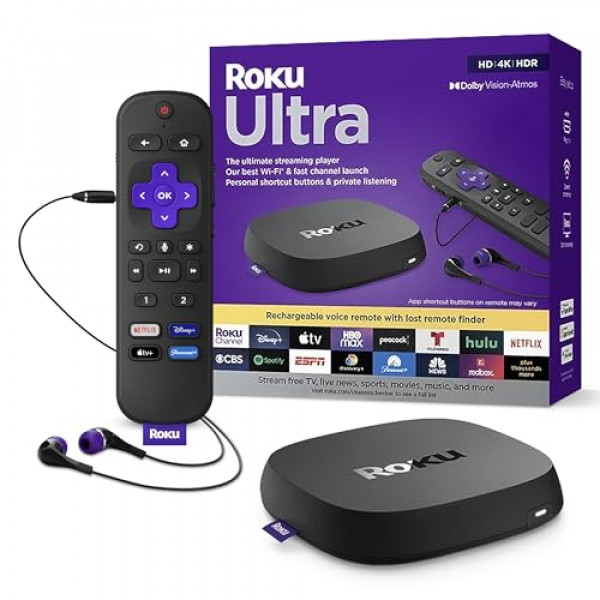 Roku Ultra | El dispositivo de transmisión definitivo 4K/HDR/Dolby Vision/Atmos, Roku Voice Remote Pro recargable, puerto Ethernet, controles manos libres, buscador remoto perdido, TV gratis y en vivo