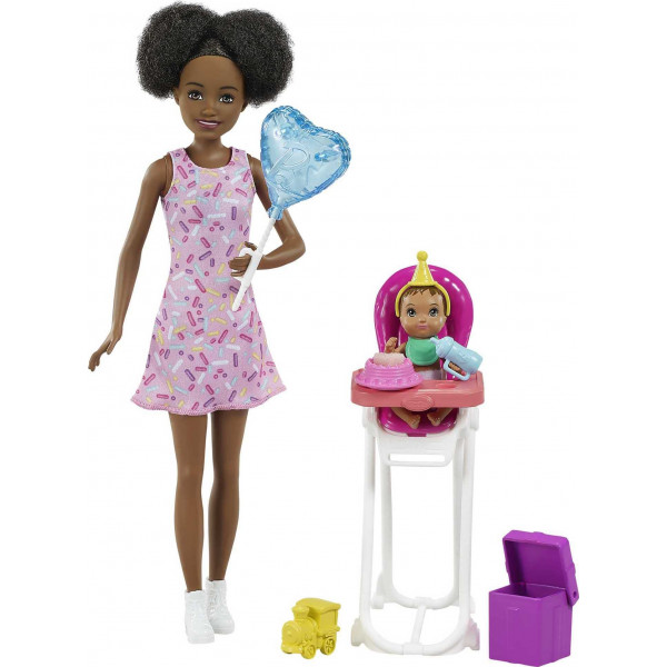 Barbie Skipper Babysitters Inc. Muñecas y juego con muñeca Skipper canguro, muñeca bebé que cambia de color, trona y accesorios temáticos para fiestas para niños de 3 a 7 años