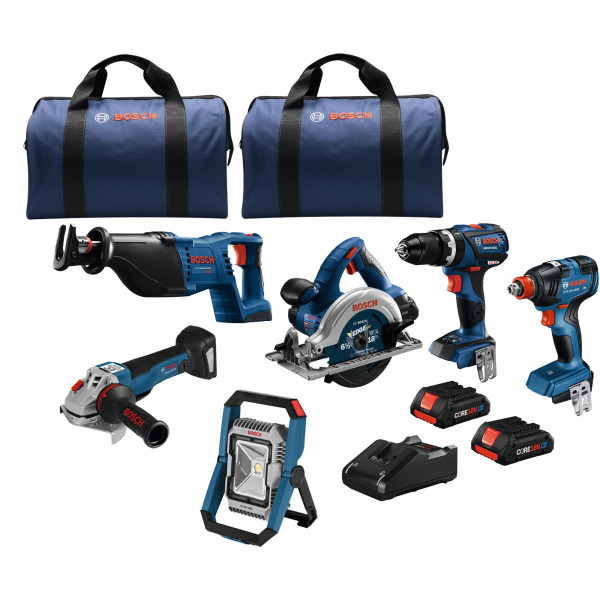 BOSCH GXL18V-601B25 Kit combinado de 6 herramientas de 18 V con destornillador de impacto 2 en 1, taladro percutor/destornillador, sierra alternativa, sierra circular, amoladora angular, reflector y (2) baterías compactas CORE18V 4 Ah