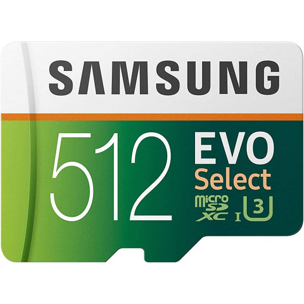 SAMSUNG EVO Select Tarjeta de Memoria Micro SD con Adaptador, 512 GB microSDXC UHS-I U3 100 MB/s Full HD y 4K UHD para Fotos, Vídeos, Almacenamiento de Música, MB-ME512HA