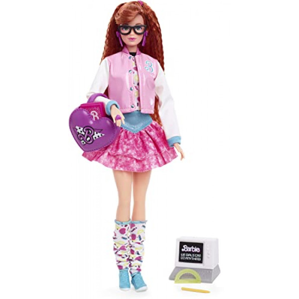 Muñeca Barbie Rewind, traje escolar edición años 80 con chaqueta universitaria, falda lavada con ácido y accesorios radicales