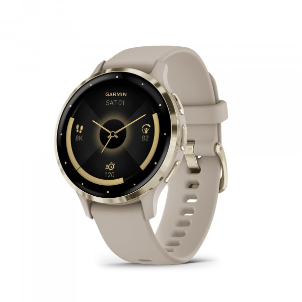 Reloj inteligente Garmin Venu 3S con bisel de acero inoxidable dorado suave, pantalla táctil AMOLED de 1,2 pulgadas, caja gris francesa de 41 mm y correa de silicona