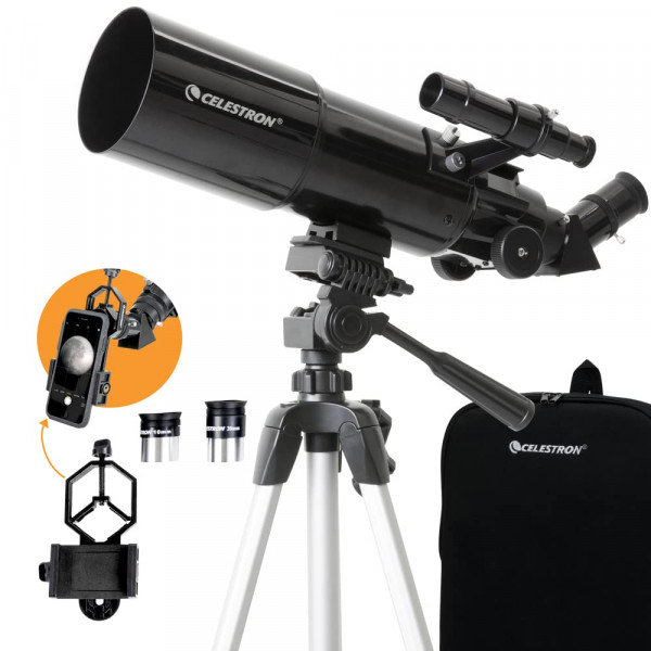 Celestron - Alcance de viaje de 80 mm - Telescopio refractor portátil - Óptica de vidrio totalmente recubierta - Telescopio ideal para principiantes - Paquete de software de astronomía adicional - Adaptador para teléfono inteligente Digiscoping