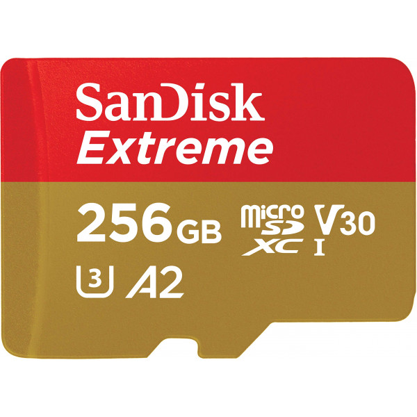 Tarjeta SanDisk Extreme microSD UHS I de 256 GB para vídeo 4K en teléfonos inteligentes, cámaras de acción y drones Lectura de 190 MB/s, escritura de 130 MB/s SDSQXAV 256G GN6MN, rojo/dorado