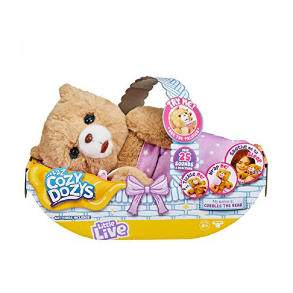 Little Live Pets Cozy Dozy Cubbles Bear - Más de 25 sonidos, manta, chupete - Animal de peluche, osito de peluche interactivo, 14.9 oz