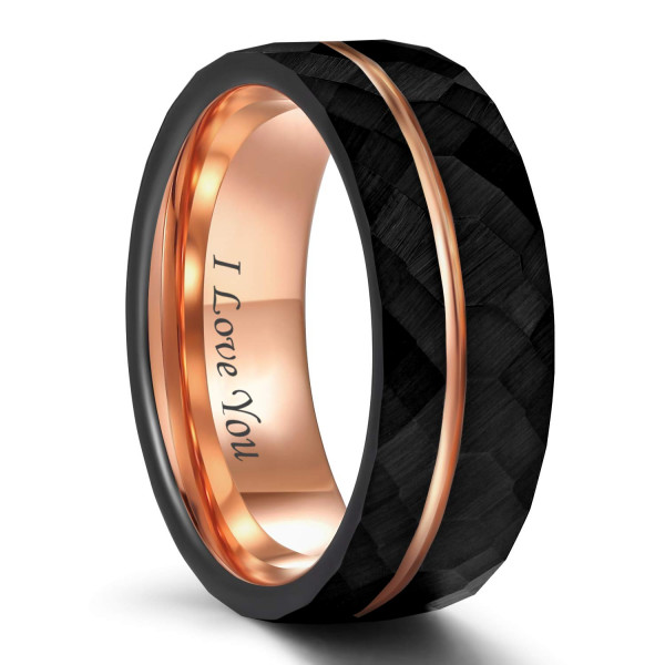 Frank S.Burton Anillo de tungsteno para hombres y mujeres, color negro y oro rosa, bordes facetados, cúpula, anillo de boda, acabado mate, grabado I Love You, tamaño 8,5