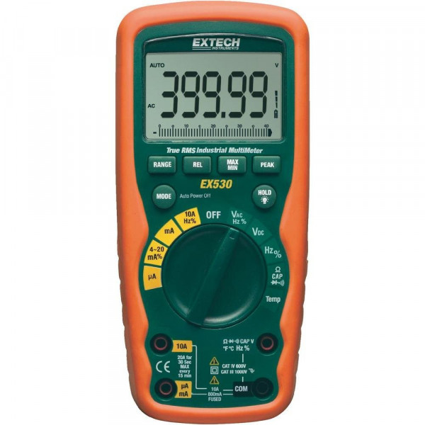 Extech EX530 Multímetro industrial de verdadero valor eficaz, resistente, naranja y verde