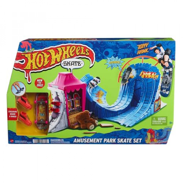 Hot Wheels Skate Amusement Park - Juego de patines con 1 diapasón exclusivo Tony Hawk, 1 par de zapatos de skate extraíbles, sonidos activados por niños