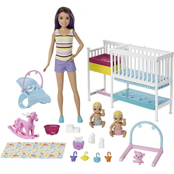 Muñecas y juego Barbie Skipper Babysitters Inc, guardería Nap 'n Nurture, muñeca Skipper, muñeca bebé, cuna y más de 10 accesorios, hamaca de juguete que funciona