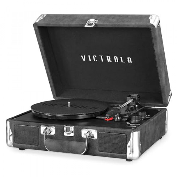 Victrola Vintage Tocadiscos portátil Bluetooth de 3 velocidades con altavoces incorporados | Sonido de audio del tocadiscos mejorado|Gris, número de modelo: VSC-550BT-GRY